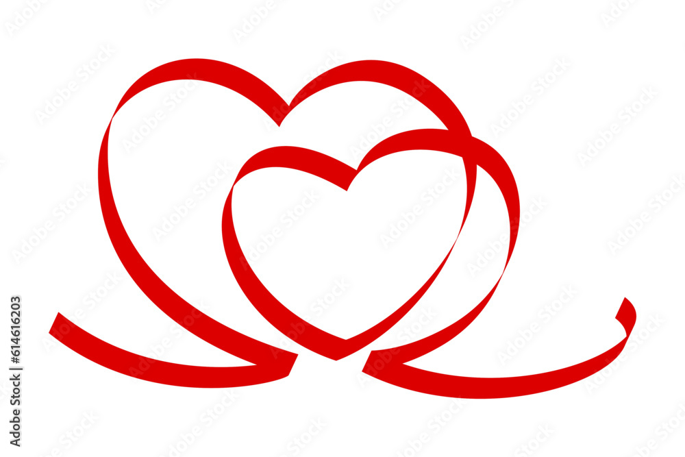 Two linked heart. Red heart shape from ribbon.