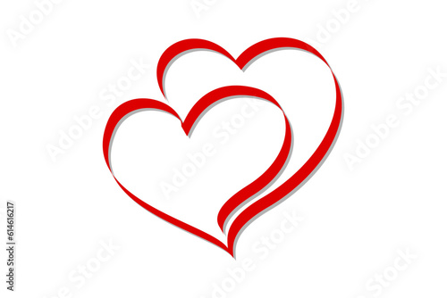 Two linked heart. Red heart shape from ribbon.