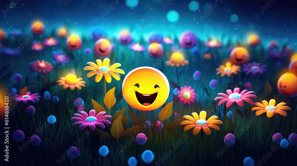 emoji smile flower shaped at flower meadow
