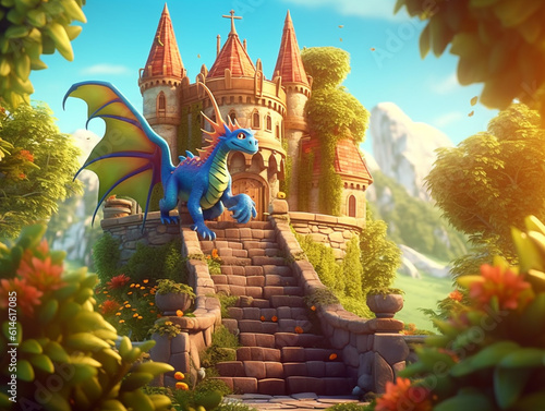 Dragon character with castle background photo