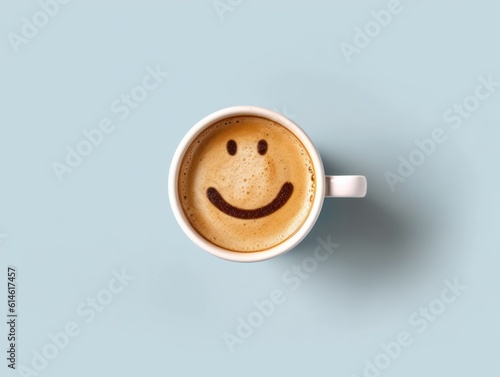 Foam form of smile face in cup of cappuccino coffee on blue pastel background.