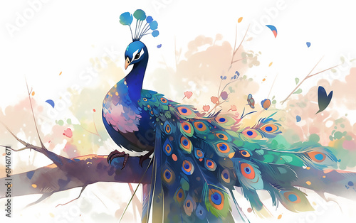 Abstract cartoon cute peacock illustration. Generative AI technology.