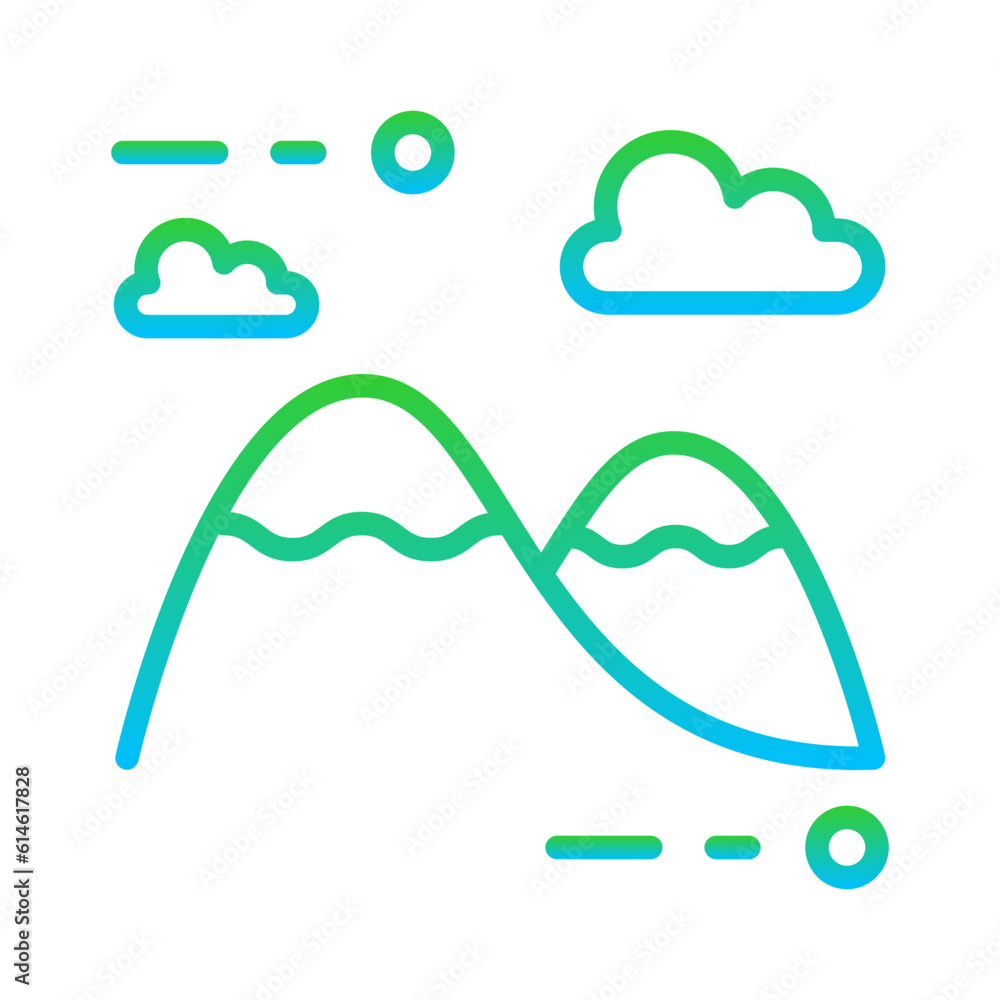 Mountain travel and tourism icon with green and blue gradient outline style. sunset, ridge, symbol, isolated, set, green and blue gradient, art. Vector Illustration