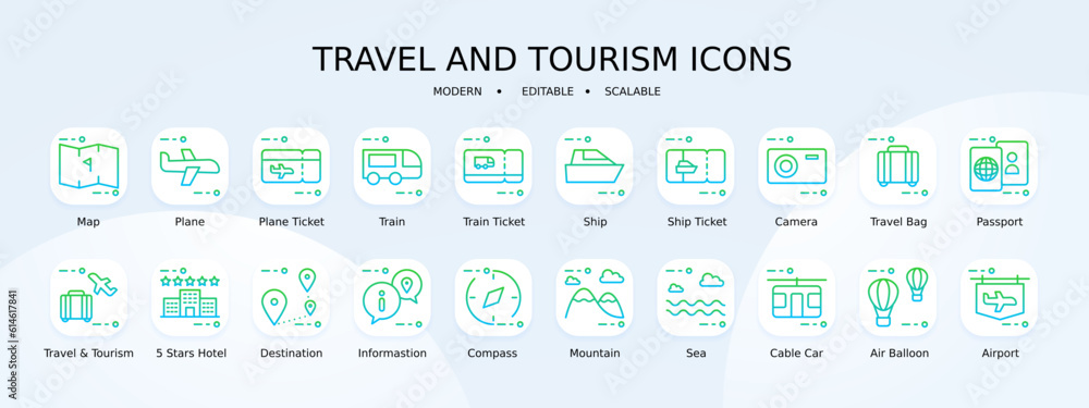 Travel and tourism icon collection with green and blue gradient outline style. set, beach, sign, symbol, holiday, passport, car. Vector Illustration