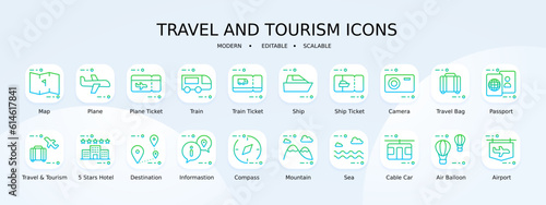 Travel and tourism icon collection with green and blue gradient outline style. set, beach, sign, symbol, holiday, passport, car. Vector Illustration