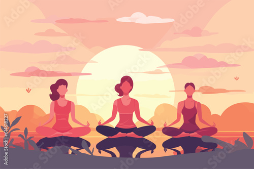 three girls doing in a sunrise illustration, international yoga day, yoga day banner
