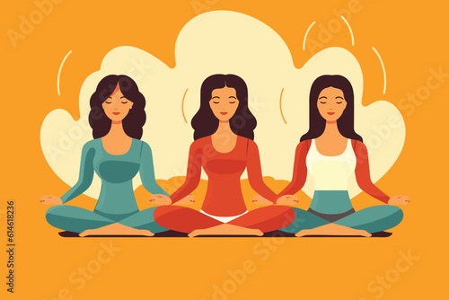three girls doing in a sunrise illustration, international yoga day, yoga day banner