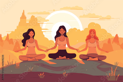 three girls doing in a sunrise illustration, international yoga day, yoga day banner