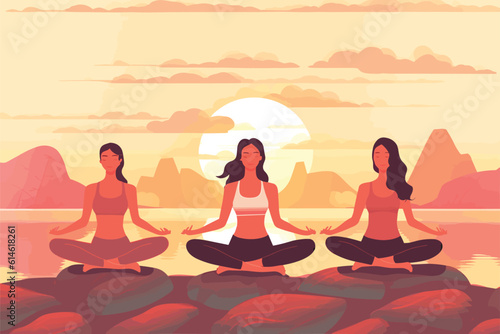 three girls doing in a sunrise illustration, international yoga day, yoga day banner