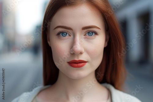 Portrait of young woman with blue eyes and long red hair outdoors, created with Generative AI technology.