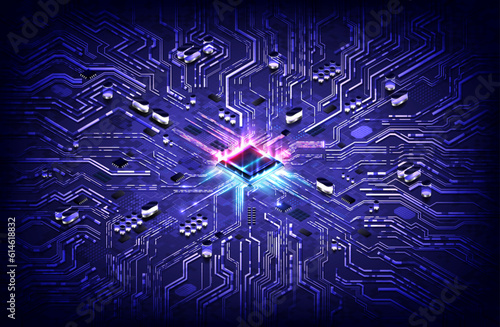 Abstract hardware and software background. Circuit board, Chip processor, Mainboard and code programmer. Hi-tech computer engineer. Cyberpunk tech and database coding. Blue and red neon light effect