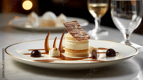 ice cream dessert plate with fresh ingredients served on restaurant or cafe table background for delicious food dessert theme