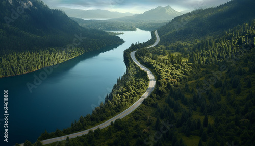 Lake, road and forest in the morning with mountains, Generative AI illustration