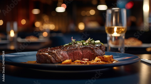 steak grilled with fresh ingredients well flavor on beautiful plate, served on restaurant table background for meals, dinner, lunch for delicious food theme