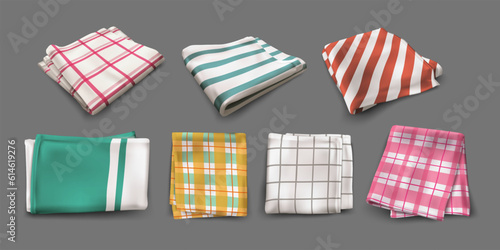 Kitchen towels. Realistic folded napkin. Table cloth. 3D fabric top view. Striped pattern on white textile for picnic. Checkered linen paper. Vector exact isolated tablecloth collection