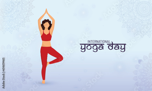 Faceless Young Woman Character Practicing Vrikshasana Pose on Pastel Purple Mandala Background for International Yoga Day.