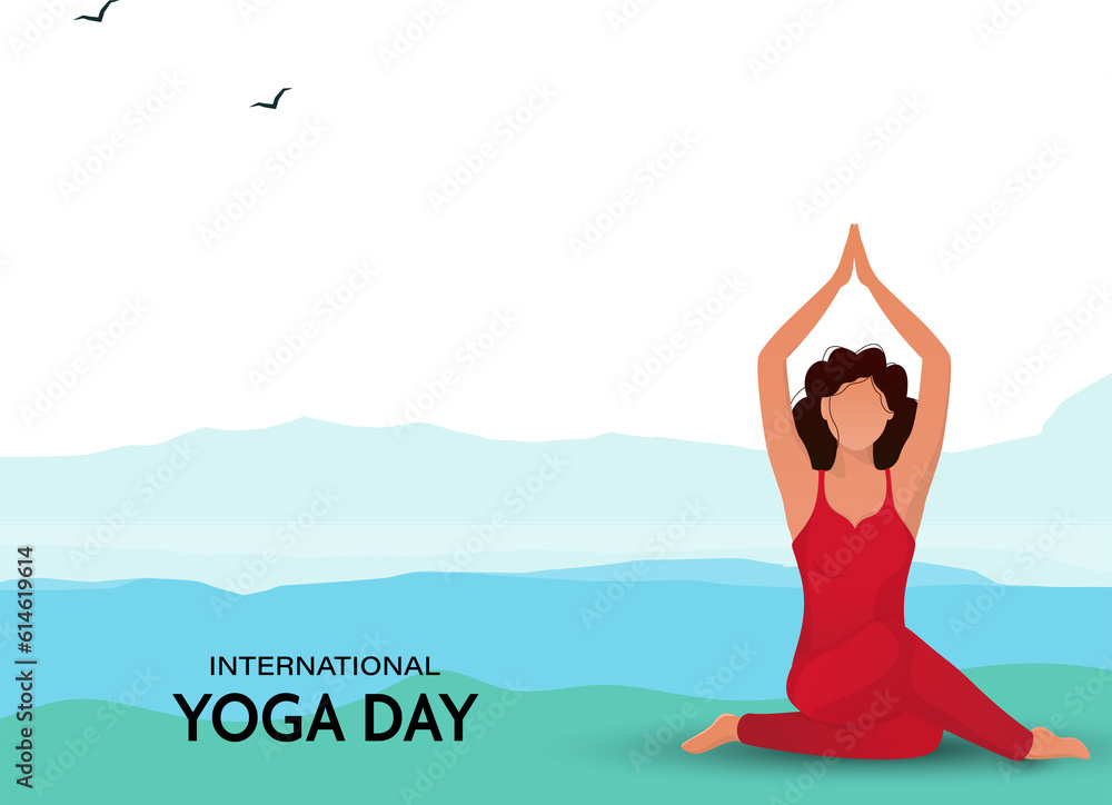Character of Faceless Woman Doing Meditation on Blue Silhouette Mountain View for International Yoga Day Concept.
