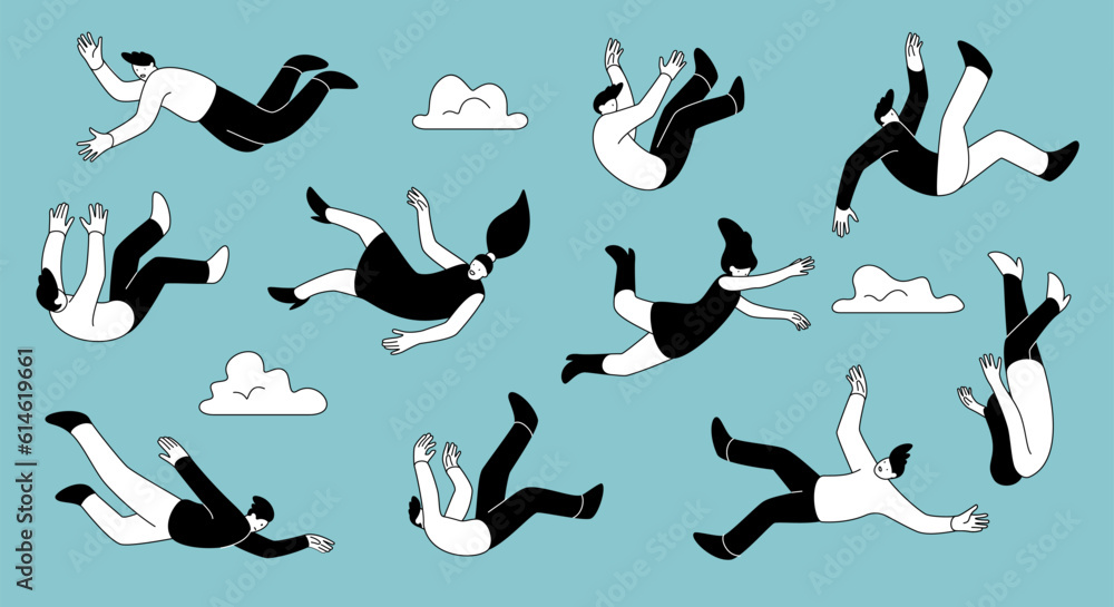 Falling doodle people. Persons floating or crash moving. Flying men and women poses. Accident with outline silhouettes. Flight concept. Imagination and inspiration. Vector illustration
