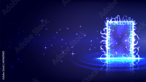 Portal to another universe with lightning. Teleport podium. Sci-fi magic gate in game fantasy. Podium for showing and display. Landing page. Web design interface Empty space.
