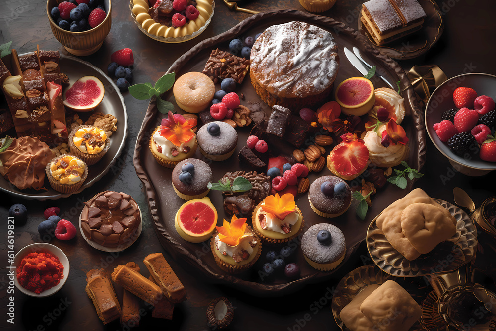 Dessert Delights: Exquisite dessert platter with a variety of mouthwatering treats, including cakes, pastries, cookies, and chocolates with vibrant color