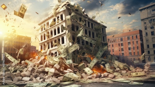 Photo A bank building with bank notes collapsing down