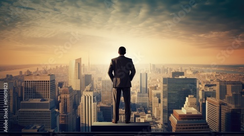 A businessman standing on top looking upon the meeting point of sky and city with Skyscrapers. Vision, Success, and Goal. Generative AI