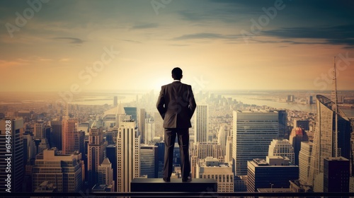 A businessman standing on top looking upon the meeting point of sky and city with Skyscrapers. Vision  Success  and Goal. Generative AI