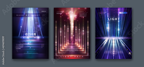 Light effects. Abstract banners. Blurred motion. Bokeh and dark glitter line. Orange and blue flare. Black backgrounds. Magic ray and sparkle. Event flyer. Vector exact posters design set