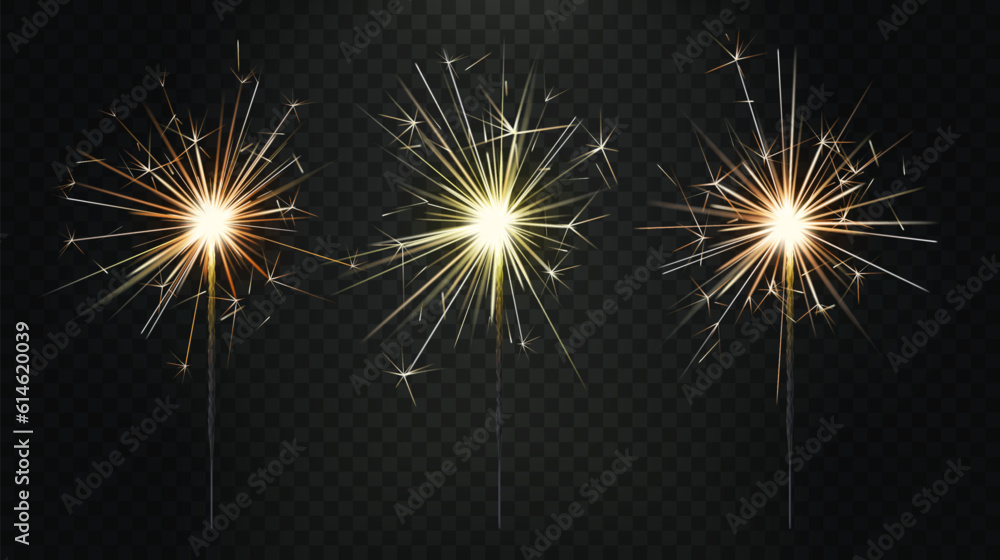 Bengal fire. Realistic sparkler. Birthday candle firework. New Year sparks. Pyrotechnic effect. Christmas celebration light stick. Anniversary party. Vector exact isolated 3D objects set