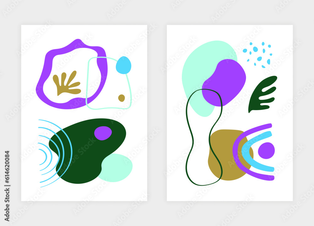 Abstract posters. Hand drawn color shapes. Doodle spots. Geometric collage figures. Amorphous paint blobs. Flat circles and line rainbow. Contemporary art. Vector kids banners design set