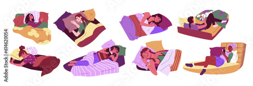 Woman sleep. Exhausted people in bed. Good night dreams. Fatigue girl in relax nap. Persons lying with book and smartphone. Comfortable pillow and blanket. Vector exact illustrations set