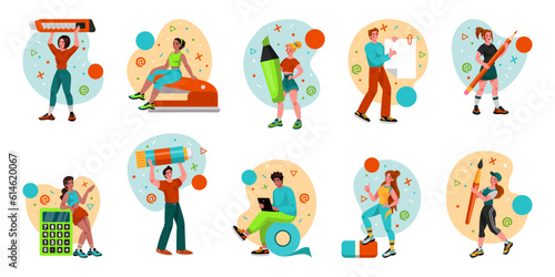 School characters. Students with education stationery. Writing tools. Happy man and woman. People holding pencils or markers. Office pens. Studying persons set. Vector tidy flat design