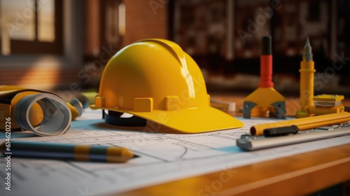 Yellow hard safety helmet hat and the blueprint, pen, ruler, protractor, and tape measure on the table at the construction site.for safety project of workman as engineer or worker © STORYTELLER