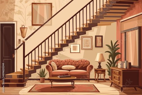 Luxury spacious living room with modern sofas, wooden floors, pastel-colored walls, large open space with stairs to the second-floor vector art illustration background generative ai
