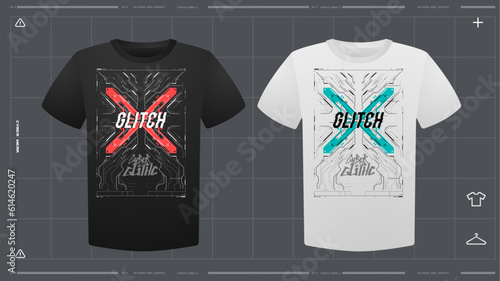 Men's t-shirt with futuristic print mockup. Front view. Vector template. Cyber Hud Design print.