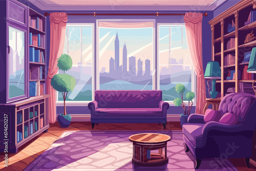 Purple living room interior, armchair, modern living room with purple furniture and curtains panoramic window. Vector cartoon illustration of empty lounge interior generative ai
