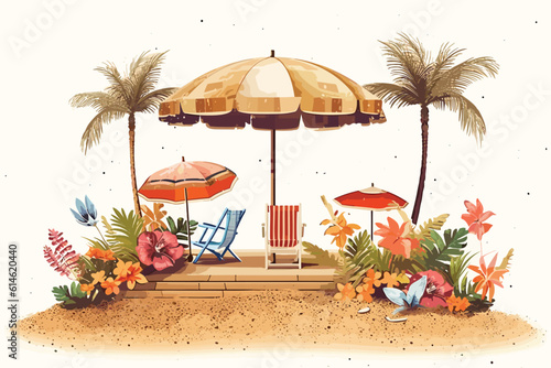 Podium Summer display, the pile of sand, flowers, coconut tree, beach umbrella, beach chair, banner design, on cloud and sand beach vector art illustration background
