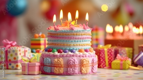 Birthday cake with candles and wrapped present with a satin bow. Colorful white frosted cake with rainbow sprinkles. Bokeh sparkly light background. Happy birthday celebration background.