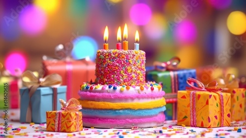 Birthday cake with candles and wrapped present with a satin bow. Colorful white frosted cake with rainbow sprinkles. Bokeh sparkly light background. Happy birthday celebration background.