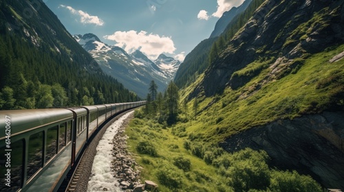 Train riding on tracks through the mountains. Swiss locomotive in the Alps. Train cars landscape