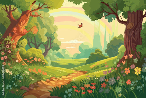Spring landscape of forest with trees grass nature valley park with meadow and flowers field in spring with rainbow cartoon vector art illustration background generative ai