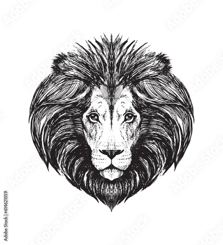 Fototapeta Naklejka Na Ścianę i Meble -  Realistic engraving drawing of lion muzzle, wild beast head, zoo, safari, line vector illustration isolated on white background. Detailed hand drawing.