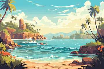 Gordijnen Koraalgroen The tropical landscape of coast beautiful sea shore beach on good sunny day flat vector art illustration background generative ai  © Amir
