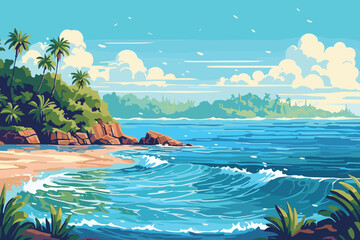Gordijnen Koraalgroen The tropical landscape of coast beautiful sea shore beach on good sunny day flat vector art illustration background generative ai  © Amir