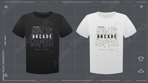 Men's t-shirt with futuristic print mockup. Front view. Vector template. Cyber Hud Design print.