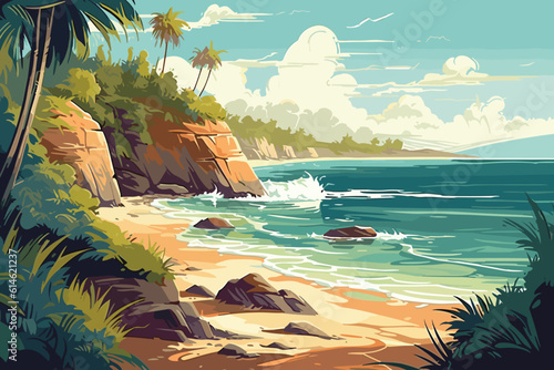 The tropical landscape of coast beautiful sea shore beach on good sunny day flat vector art illustration background generative ai