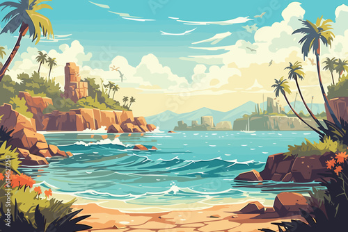 The tropical landscape of coast beautiful sea shore beach on good sunny day flat vector art illustration background generative ai