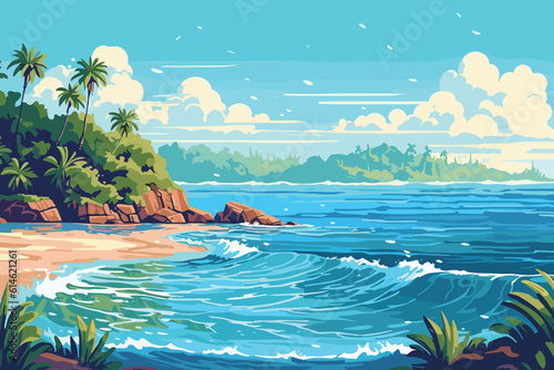 The tropical landscape of coast beautiful sea shore beach on good sunny day flat vector art illustration background generative ai