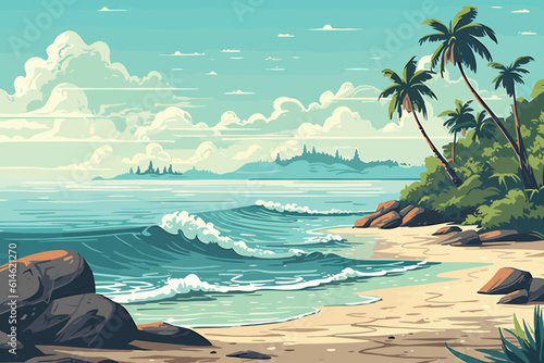 The tropical landscape of coast beautiful sea shore beach on good sunny day flat vector art illustration background