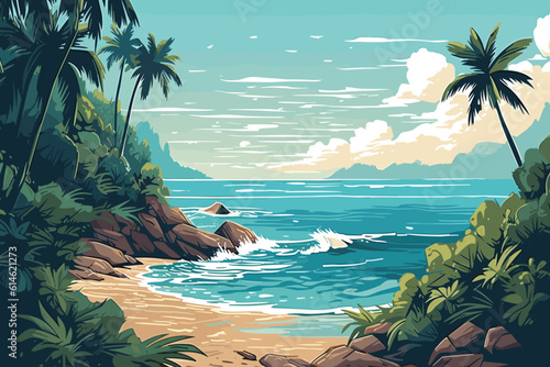 The tropical landscape of coast beautiful sea shore beach on good sunny day flat vector art illustration background